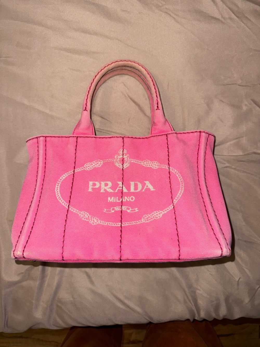 Prada Pink Canvas Tote with Logo Print - Picture 3 of 7
